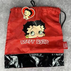 Vtg Y2K Betty Boop Drawstring Backpack Red Nylon Black Vinyl Trim Sack Bag NWT‎
